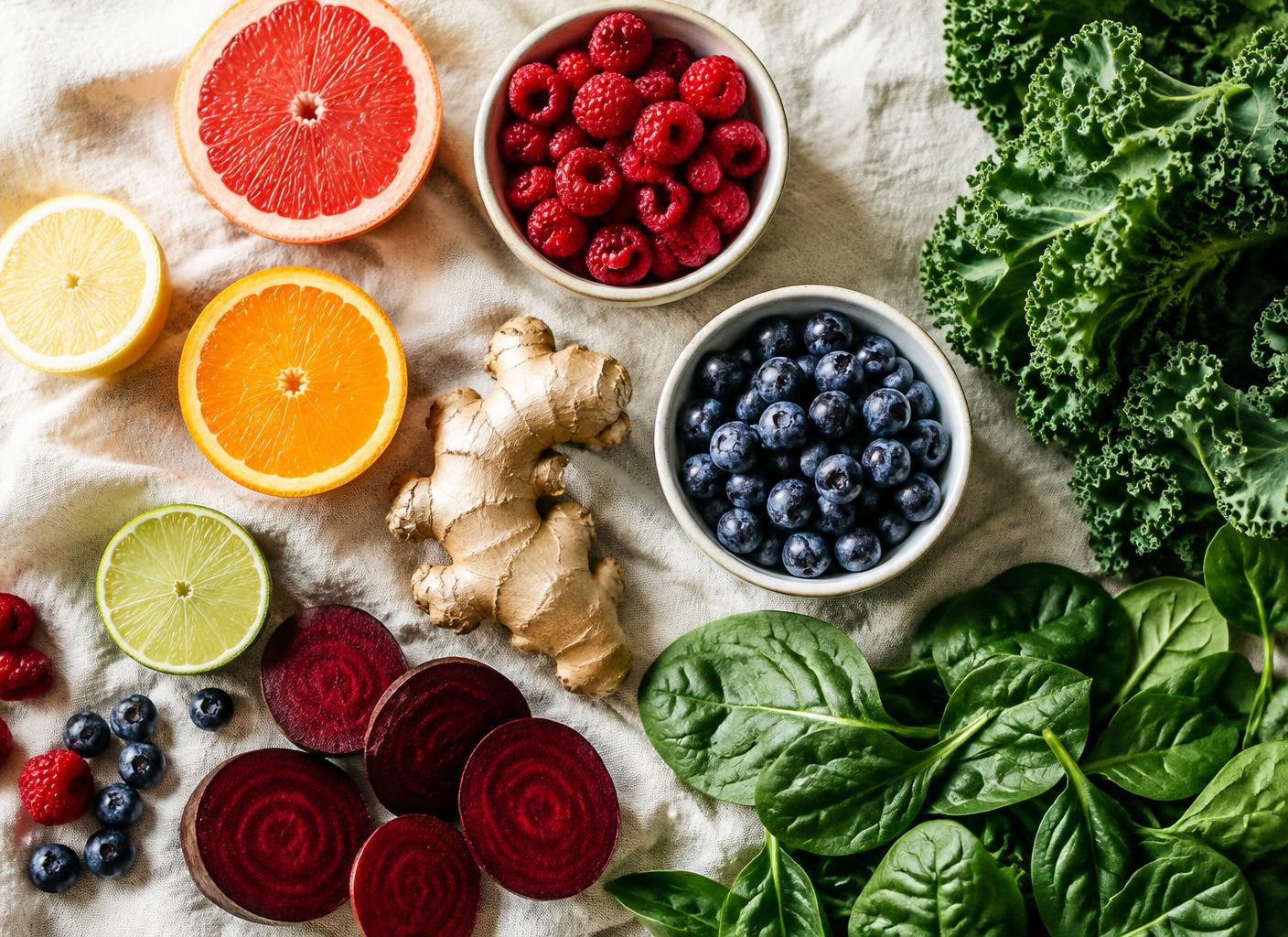 Citrus, berries, ginger, beets and leafy greens